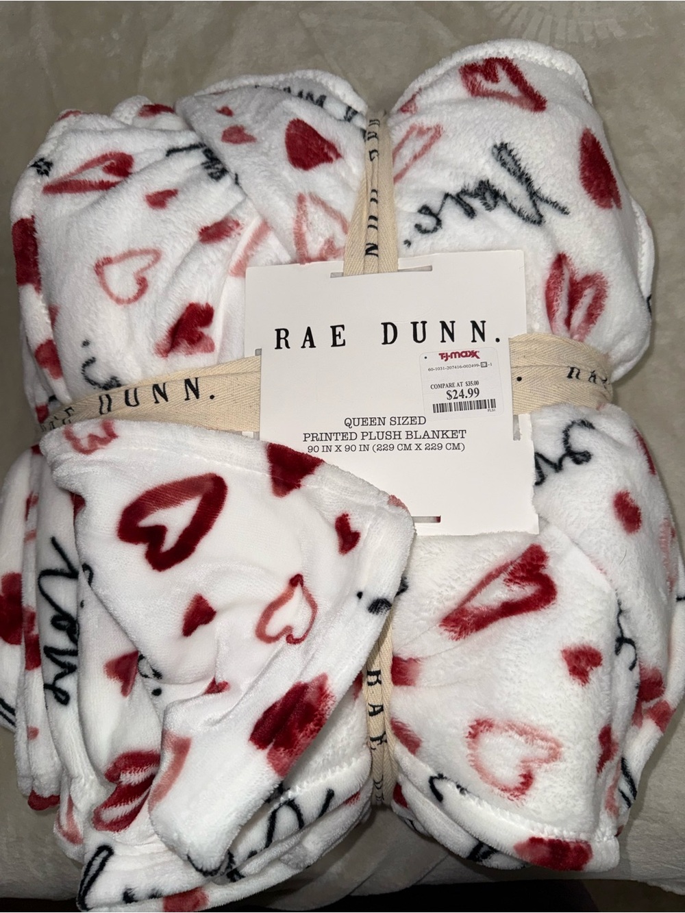 Rae Dunn White Plush Blanket with Red and Black Heart Print